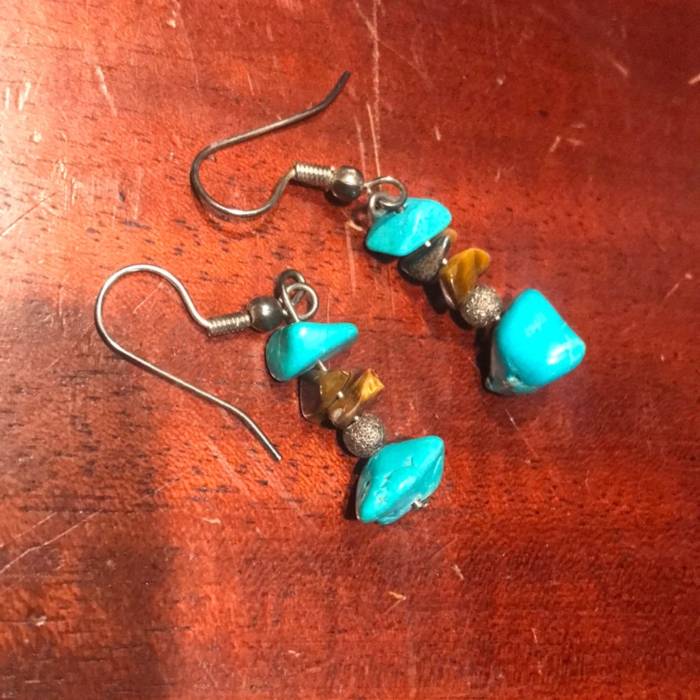Turquoise Tiger Eye Sterling Earrings Natural